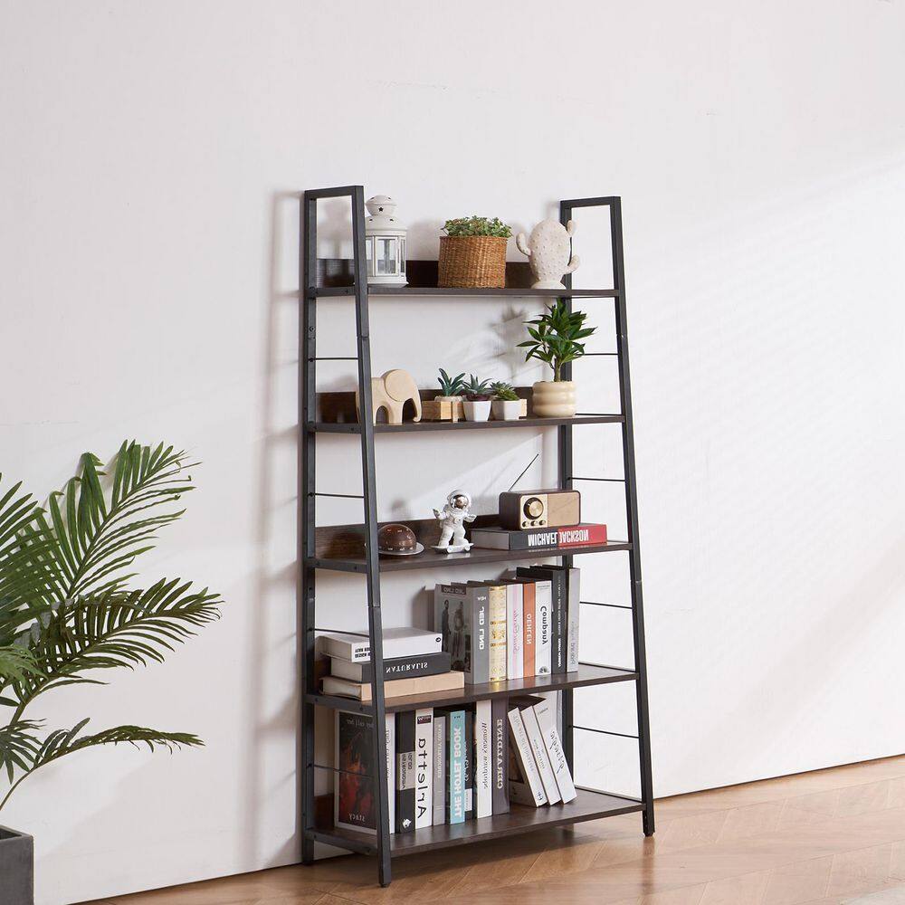 Tall Brown Matte 5-Tier Ladder Metal Bookshelf