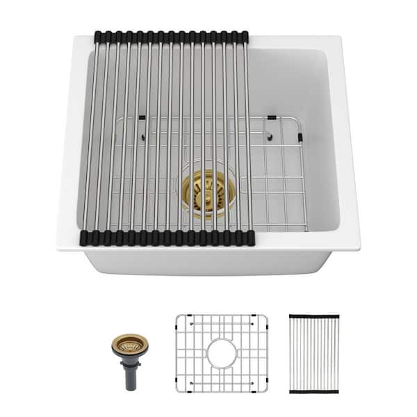 17.55 in. Drop-In/Undermount Single Bowl White Quartz Kitchen Sink with Grid and Drain