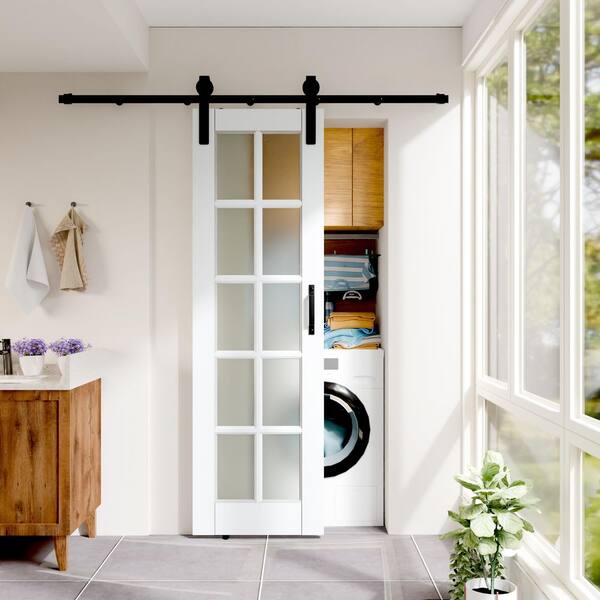 TENONER 24 in. x 80 in. 10-Lite Frosted Glass Solid Core White Primed Pine Wood Barn Door Slab with Hardware Kit Set