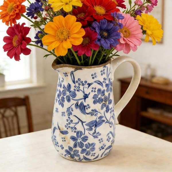 7 in. White Ceramic Picther Decorative Vase 1-Piece w/ Handle