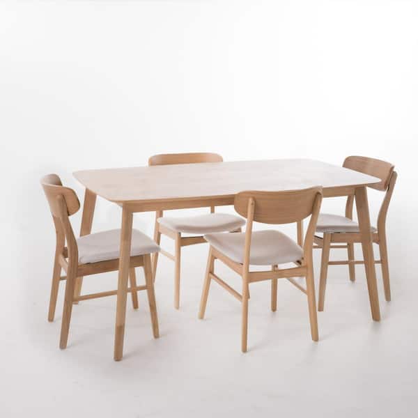 Noble House Lucious 5-Piece Light Beige Fabric and Natural Oak 60 in. Dining Set