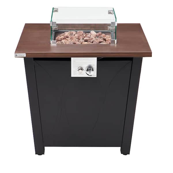 Unbranded 28 in. Metal Outdoor Propane Gas Fire Pit Table in Black 40,000 BTU with Glass Wind Guard, Rain Cover, Lava Rocks