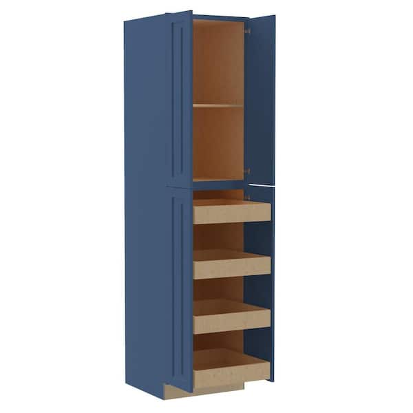 Home Decorators Collection Grayson Mythic Blue Painted Plywood Shaker Assembled Pantry Kitchen Cabinet 4 ROT Soft Close 24 in W x 24 in D x 96 in H