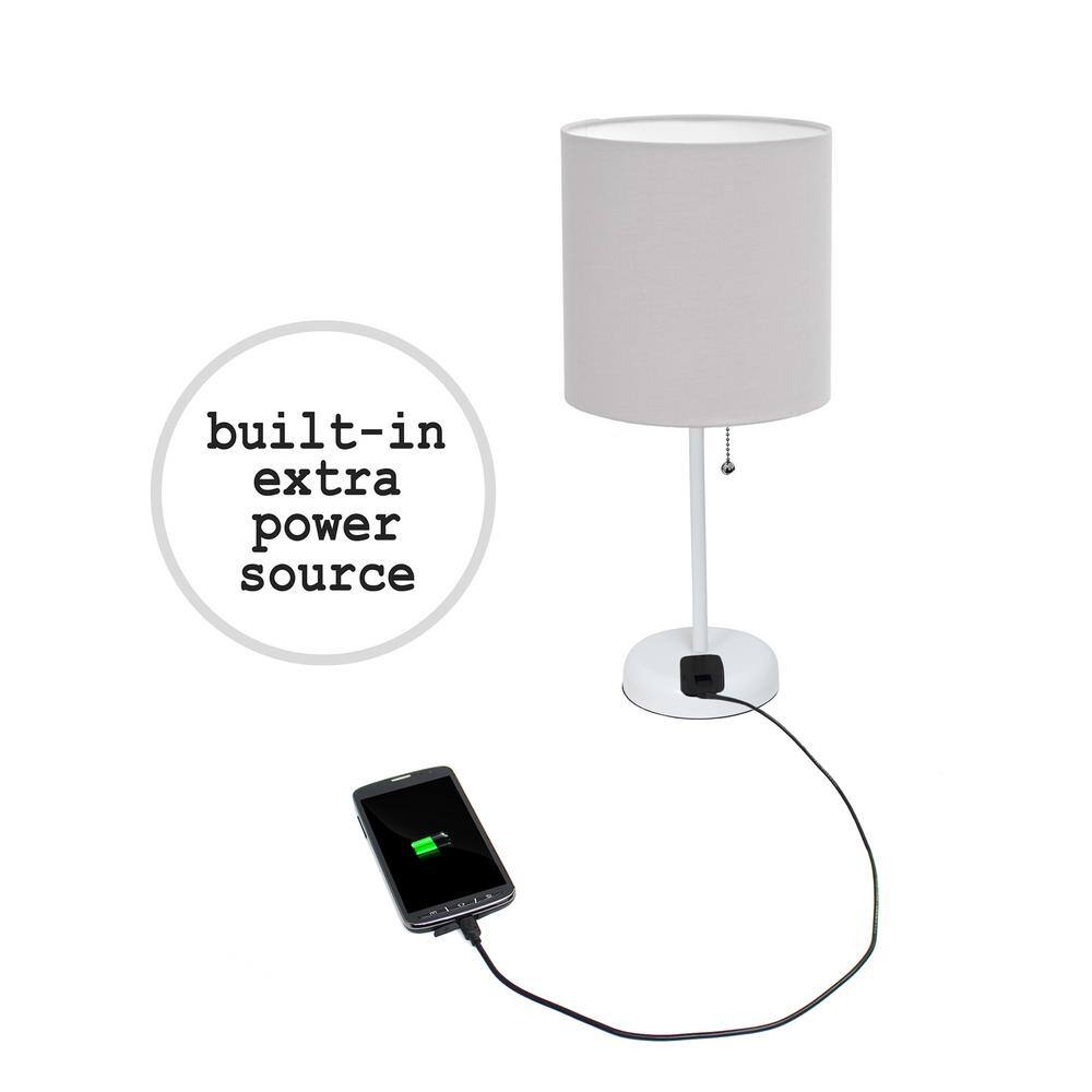 White Stick Lamp with Gray Fabric Shade and Charging Outlet