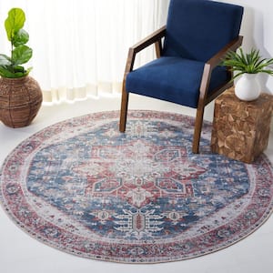 Tuscon Navy/Red 6 ft. x 6 ft. Machine Washable Border Distressed Round Area Rug