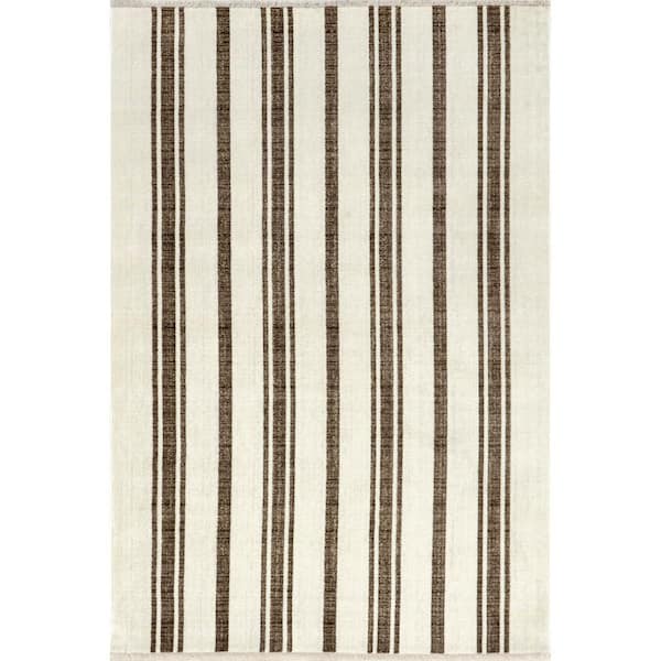 nuLOOM Salome Farmhouse Striped Fringe Brown 4 ft. x 6 ft. 5 in. Area Rug