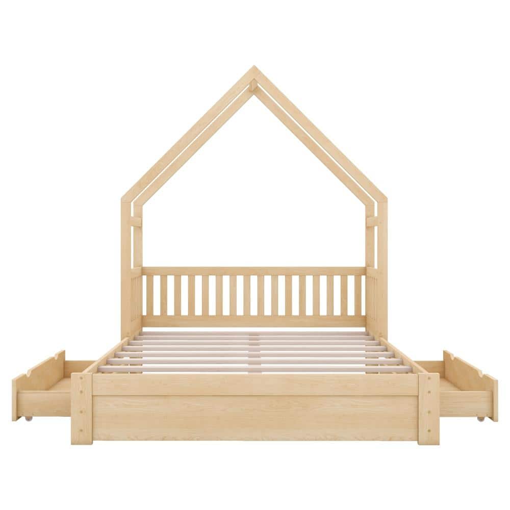 Natural Wood Queen Platform Bed with Guardrails and 2 Drawers durable construction easy to install price history on PriceWatchPro
