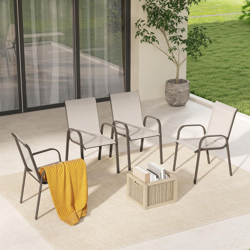 TerraTex Metal Patio Dining Chairs with Greige Textilene Fabric (4-Pack)