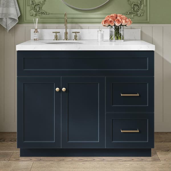 ARIEL Hamlet 42.25 in. W x 22 in. D x 36 in. H Single Sink Freestanding Bath Vanity in Midnight Blue with Carrara Quartz Top