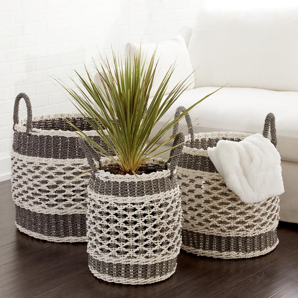 Gray and Beige Round Woven Plastic Storage Baskets, Set of 3