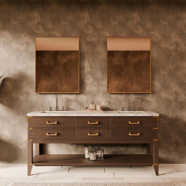 Irvington 72 in W x 22 in D Brown Oak Double Bath Vanity, Carrara Marble Top, and 34 in Mirrors