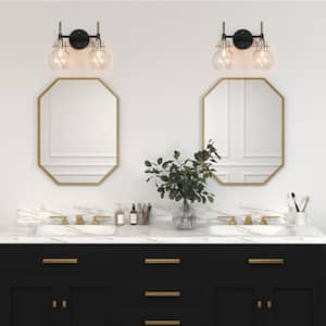 12.5 in. 2-Light Modern Plating Brass Bathroom Vanity Light, Rustic Black Vanity Light, Globe Clear Glass Bath Light