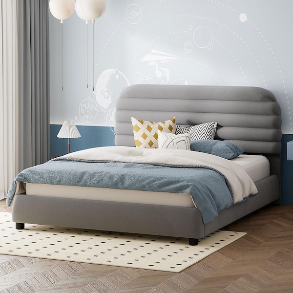 Harper & Bright Designs Stylish Curvy Design Gray Wood Frame Queen Size Velvet Upholstered Platform Bed with Adjustable Headboard Height