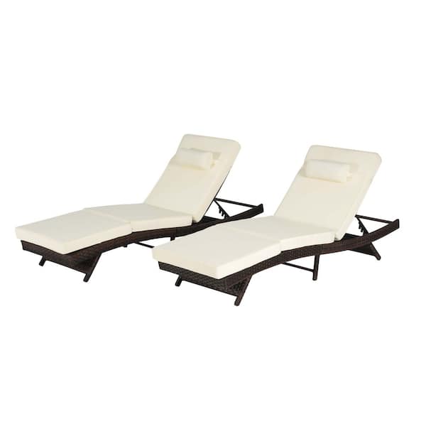 Tenleaf Dark Brown PE Wicker Outdoor Lounge Chair with Beige Cushions, Elegant Reclining Adjustable Backrest (2-Pack)