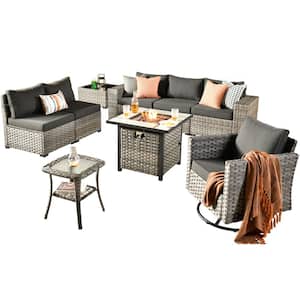 Tahoe Grey 9-Piece Wicker Outdoor Patio Fire Pit Conversation Sofa Set with a Swivel Rocking Chair and Black Cushions