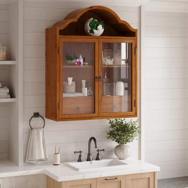 Vintage Brown Solid Wood Wall Cabinet with Elegant Wave Top for Dining Room,Kitchen, Living Room and Bathroom
