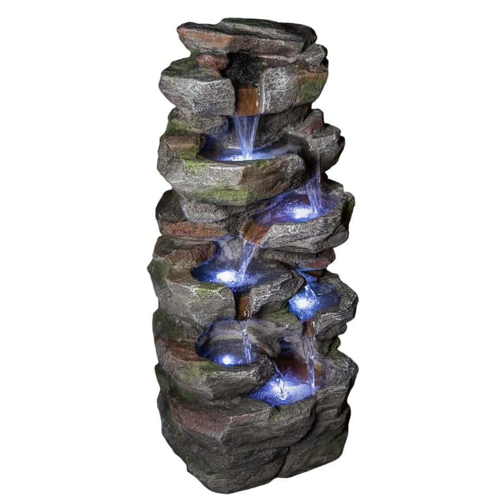 Gray Resin Rock Cascading Tiered Outdoor Waterfall Fountain with LED Lights for Patio Lawn Backyard price history on PriceWatchPro