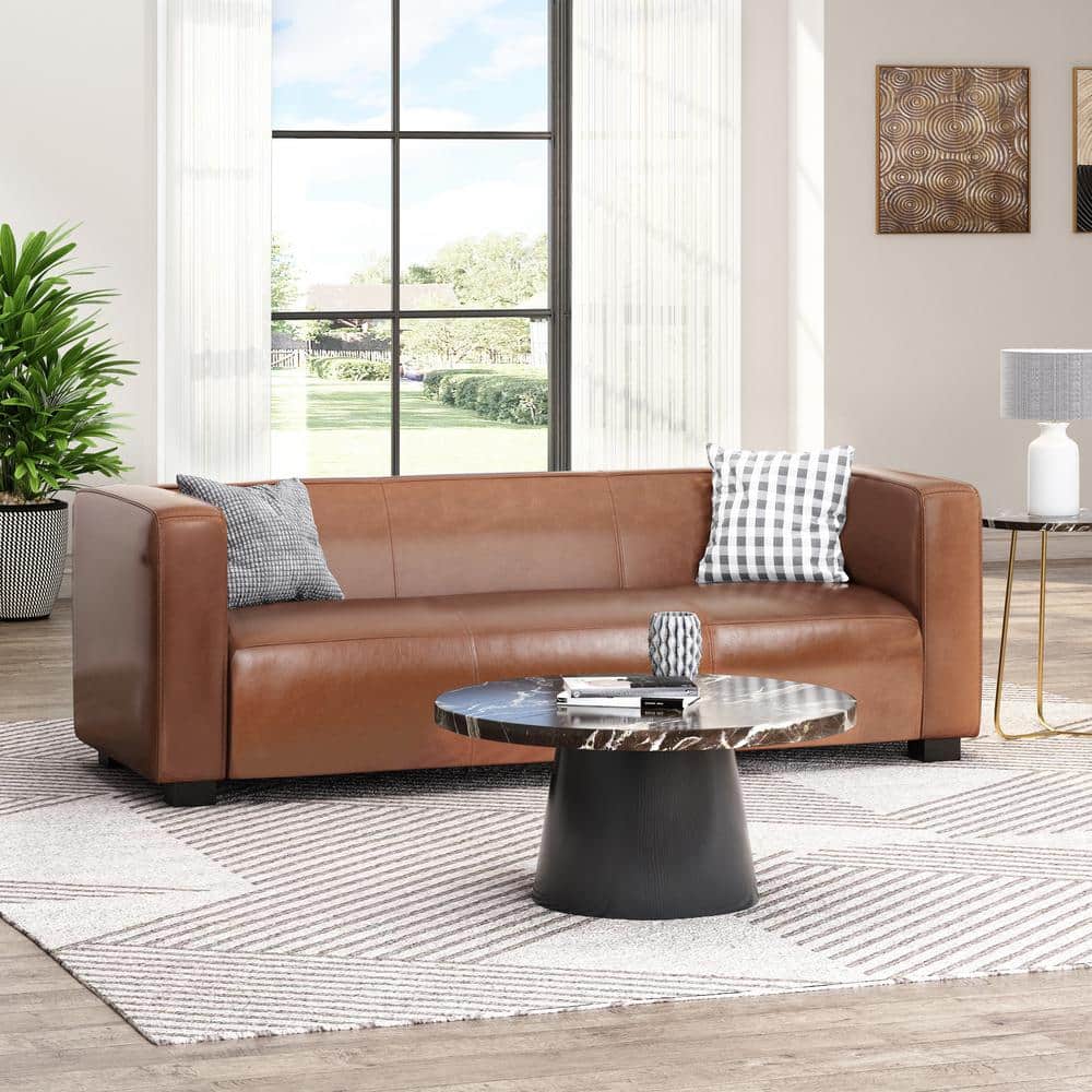 Cognac Brown Faux Leather Lawson Sofa with Square Arms