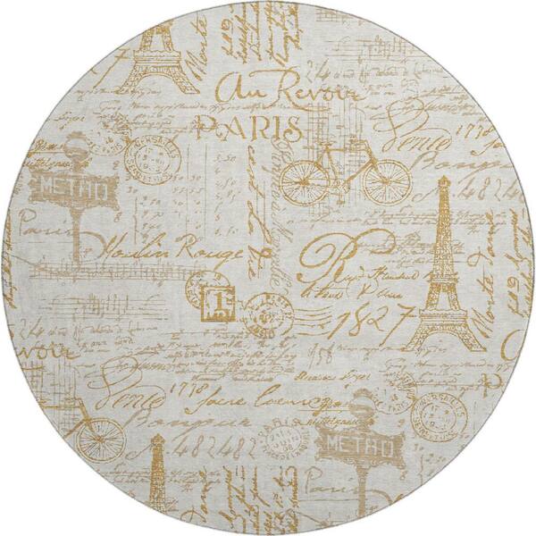 Mayfield Premium Machine Washable Abstract AMF2209 Gold 8 ft. x 8 ft. Round Rug