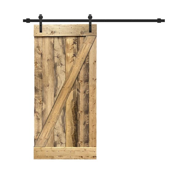 CALHOME Z Bar 24 in. x 84 in. Weather Oak Stained Solid Knotty Pine Wood Interior Sliding Barn Door with Sliding Hardware Kit