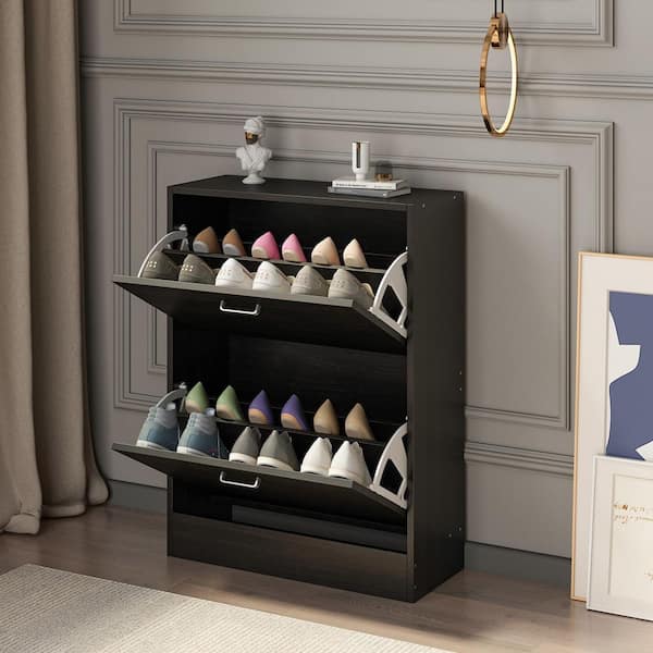 47.2 in. H x 39.4 in. W Black Wood 4-Door Shoe Storage Cabinet with Drawer and Open Shelf, Shoe Cabinet for Entryway