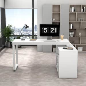 55.1" W : "L" Shape Wooden Computer Desk White Finish with 1-Drawer, Open Shelves and Eco-Friendly Paint Finish