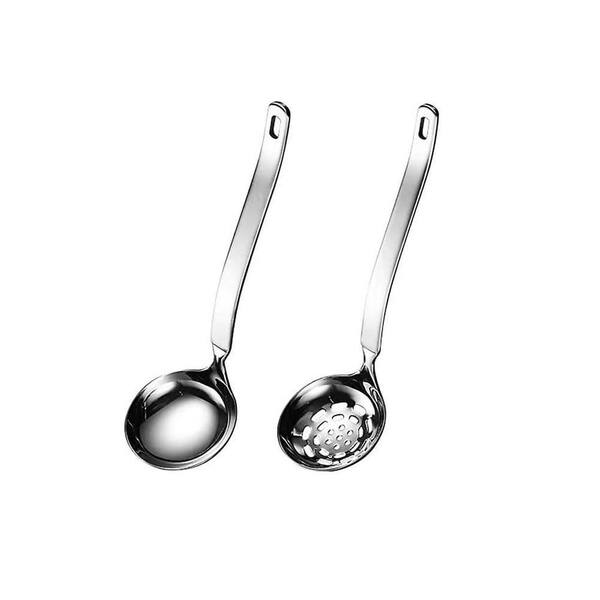 2-Piece Stainless Steel Soup Ladle and Slotted Spoon Set with Ergonomic Handle for Hot Pot Gravy Serving