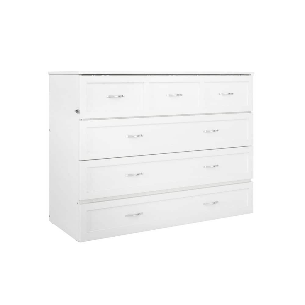 White Wood Frame Full Murphy Bed Chest with Storage Drawer