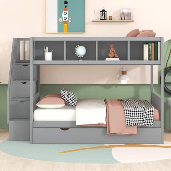 Gray Twin over Full Bunk Bed with Shelfs, Storage Staircase and 2 Drawers