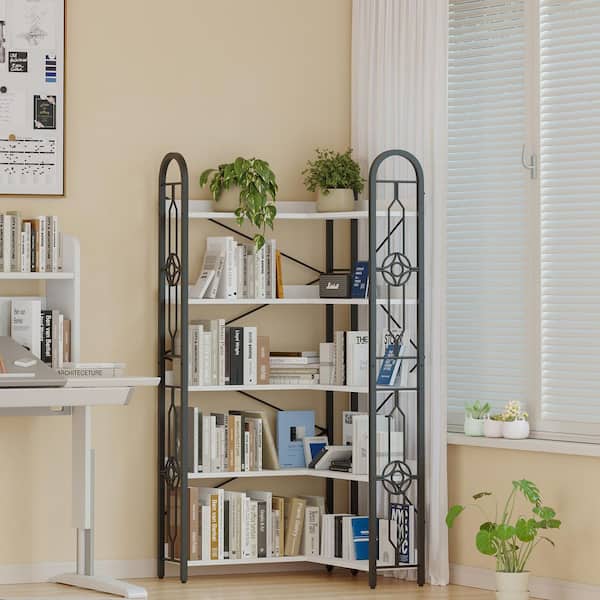 Industrial Series 5-Tier Thickened Iron Frame Corner Bookshelf in White (33 in. W x 72 in. H x 33 in. D)