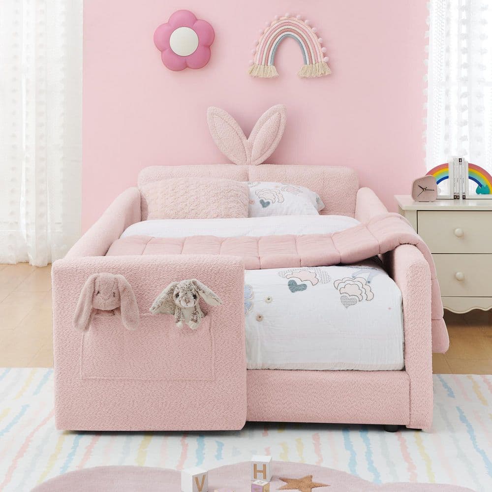Pink Twin Size Luxury Boucle Fabric Upholstered Kids Platform Bed with Charming Bunny Ear Headboard and Side Pocket