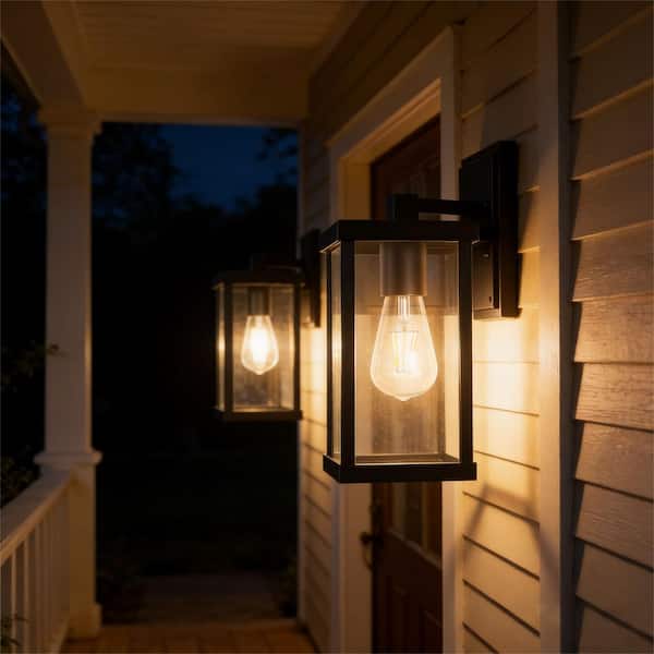 12.5 in. Black Classic Lantern Outdoor Wall Sconce Clear Glass, Bulb Included