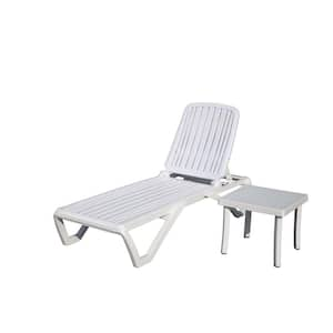 2-Piece White Plastic Outdoor Chaise Lounge, Pool Lounge Chair Adjustable Recliner in-Pool Lounger Tanning with Table