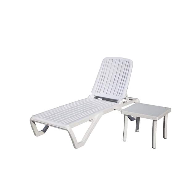 Zeus & Ruta 2-Piece White Plastic Outdoor Chaise Lounge, Pool Lounge Chair Adjustable Recliner in-Pool Lounger Tanning with Table