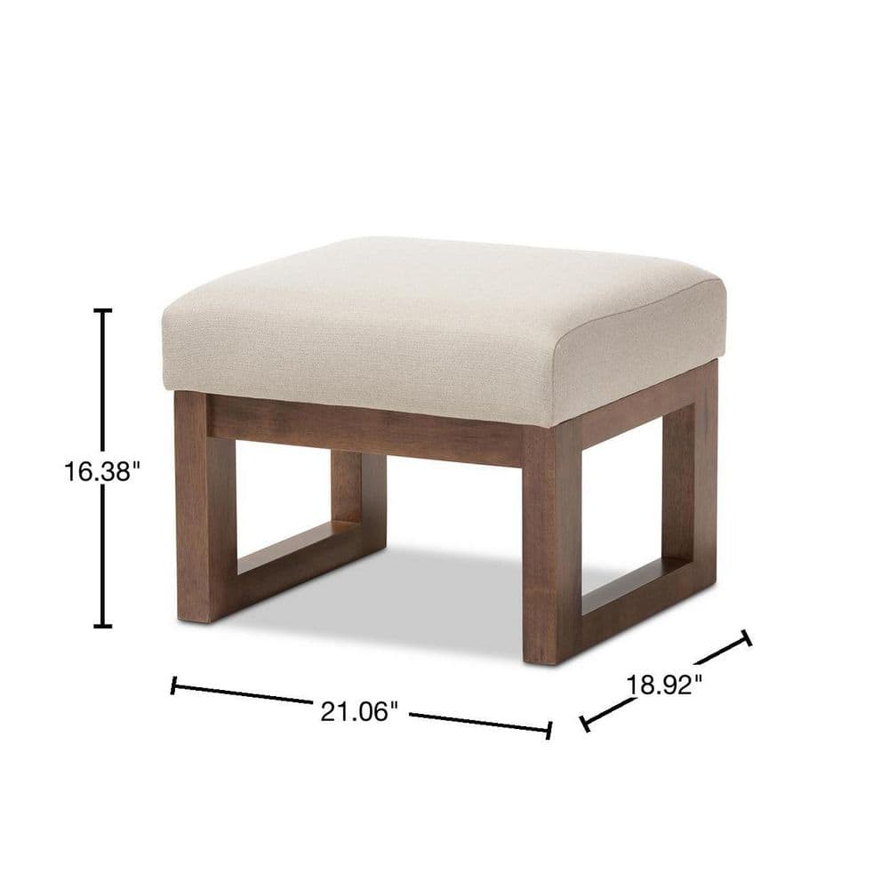 Yashiya Light Beige Fabric Upholstered Ottoman Stool with Walnut Wood Base