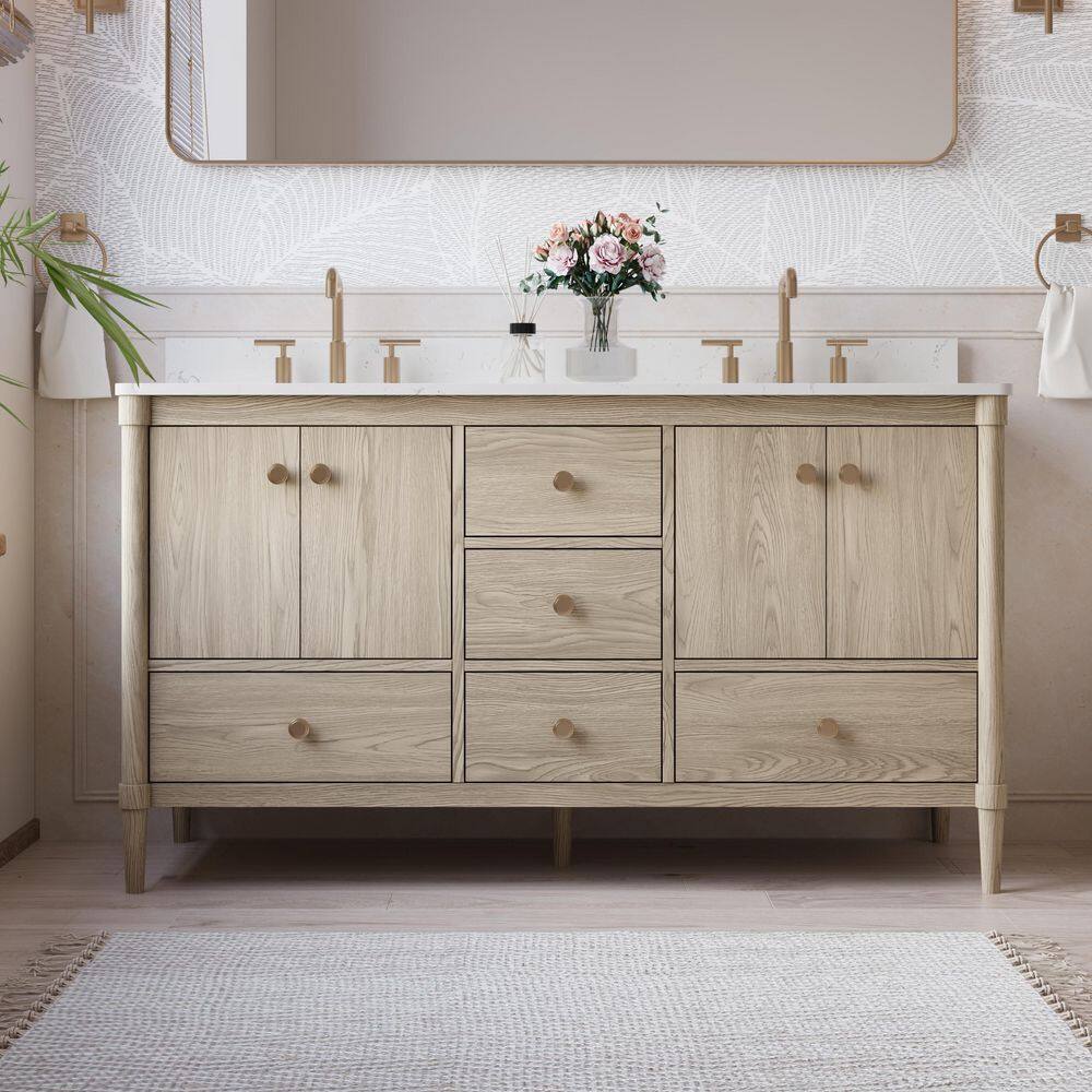 Ethan 60 in. W x 22 in. D x 35 in. H Freestanding Solid Wood Bath Vanity in OAK with White Quartz Top Assembled price history on PriceWatchPro