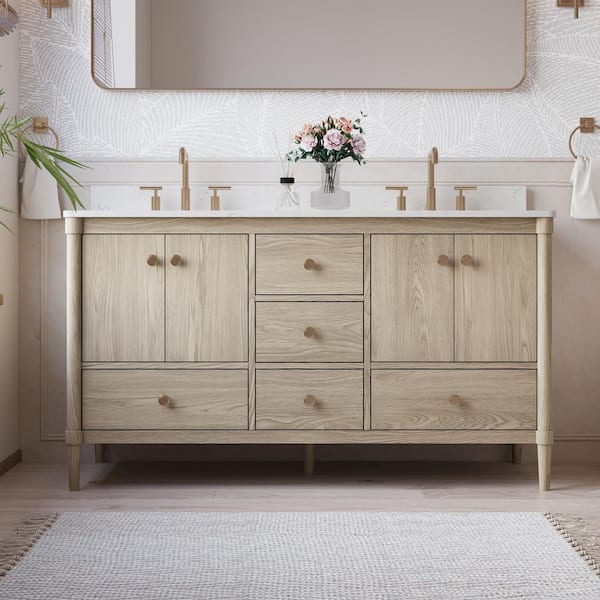 Ethan 60 in. W x 22 in. D x 35 in. H Freestanding Solid Wood Bath Vanity in OAK with White Quartz Top Assembled