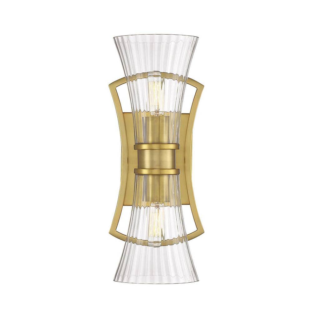 Bennington Warm Brass 2-Light Wall Sconce with Clear Ribbed Glass