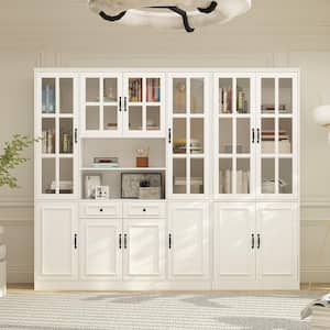 94.5 in. Wide White Wooden MDF 19-Tier Shelves Accent Bookcase with 6 Tempered Glass Door and 2 Drawers