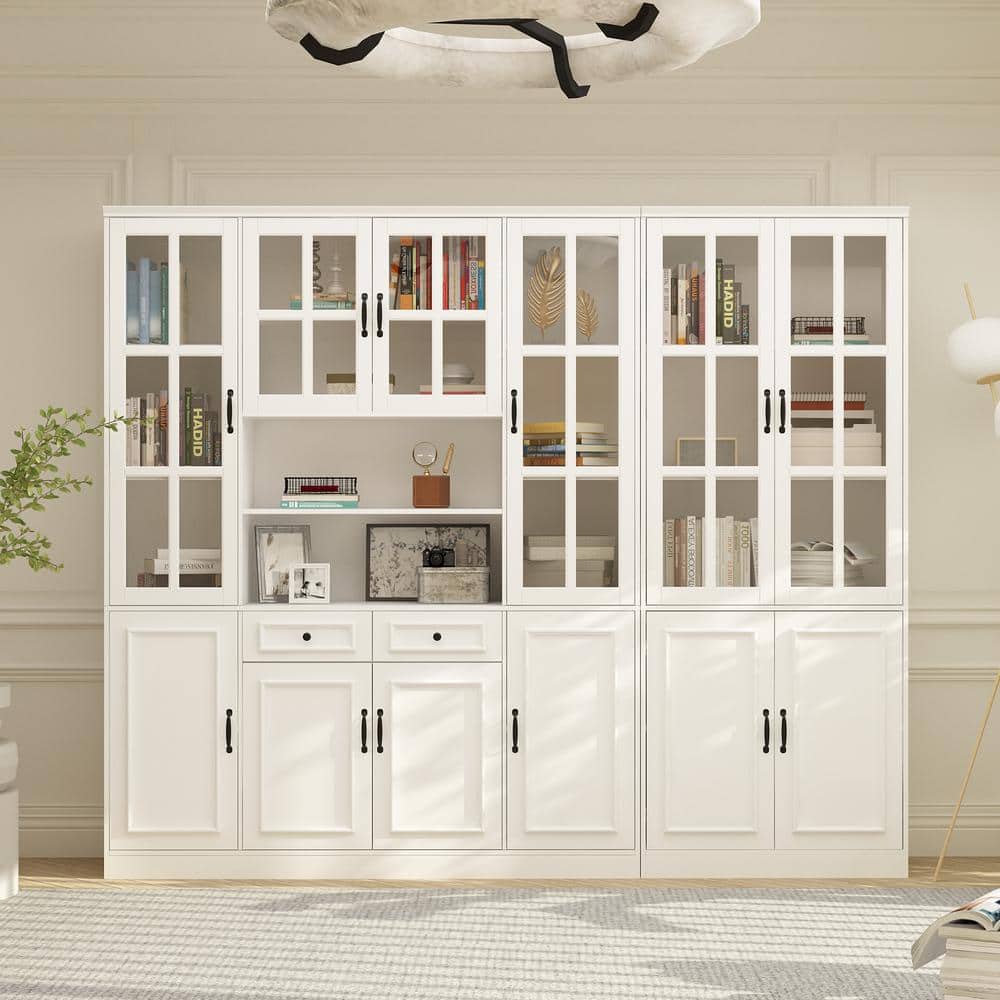 94.5 in. Wide White Wooden MDF 19-Tier Shelves Accent Bookcase with 6 Tempered Glass Door and 2 Drawers