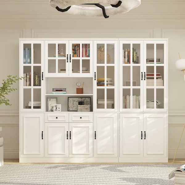 94.5 in. Wide White Wooden MDF 19-Tier Shelves Accent Bookcase with 6 Tempered Glass Door and 2 Drawers