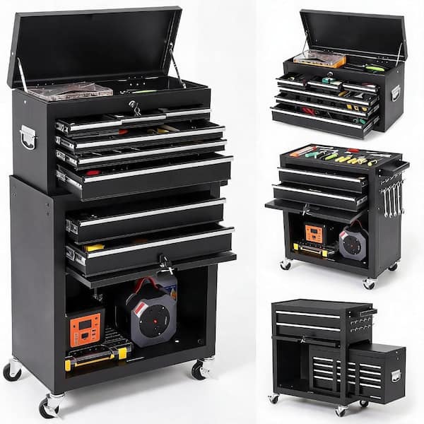 8-Drawer Black Tool Chest Tool Box, Rolling Metal Storage Cabinet with Sliding Drawers, Lockable Tool Cart with Wheels