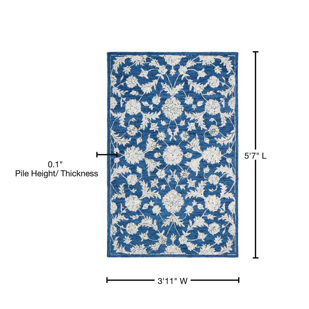Navy and Grey Hand-Tufted Wool Floral 4' x 6' Rug