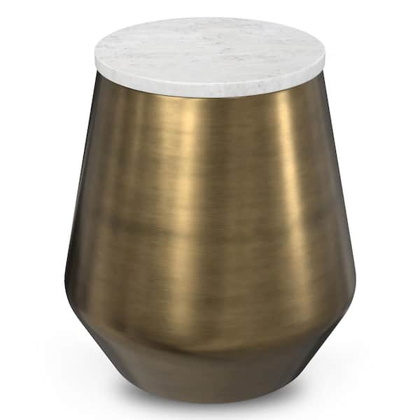 Simpli Home Benning Modern Contemporary 16 in. Wide Round Metal Side End Table in White /Antique Brass, Fully Assembled