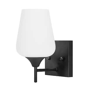 1-Light Matt Black Wall Sconce with Satin Etched Cased Opal Glass Shade