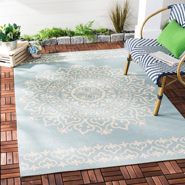 Beach House Cream/Aqua 9 ft. x 12 ft. Medallion Indoor/Outdoor Patio  Area Rug