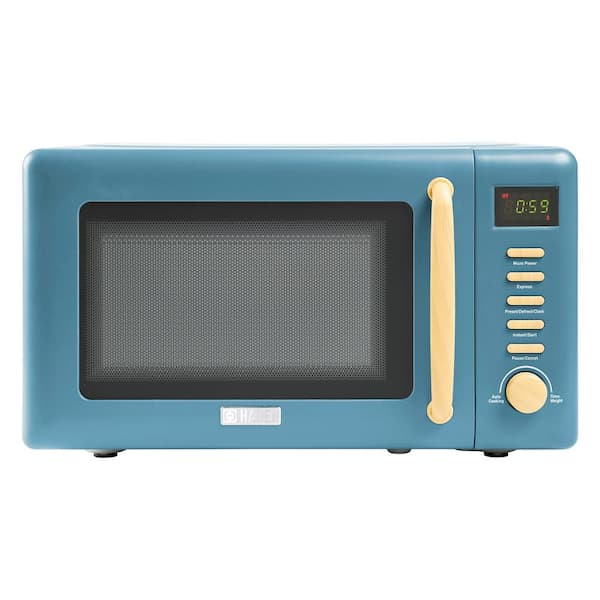 HADEN Dorchester 0.7 Cu. Ft. Residential Compact Microwave in Stone Blue with Faux Wood Trim Accents and Five Power Levels