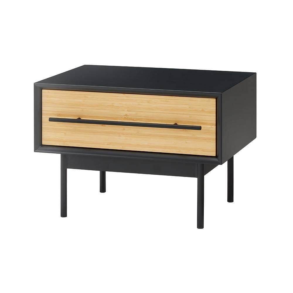 Black and Natural Bamboo 1-Drawer Nightstand with Metal Handle