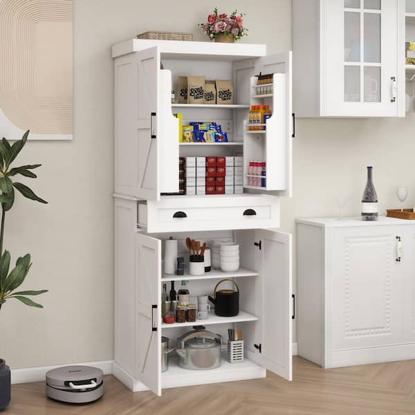 Kitchen Pantry Storage Cabinet with 4-Doors(2-Doors with Racks), 1-Drawer, 2-Adjustable Shelves in White