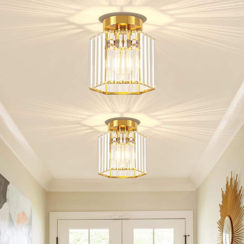 7.56 in. 1-Light Gold Hexagonal Modern Semi Flush Mount Ceiling Light with Crystal Glass Shade (2-Pack) price history on PriceWatchPro